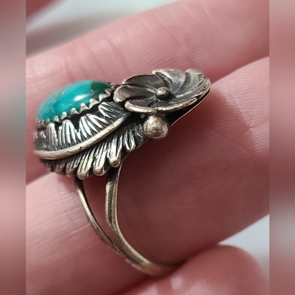 Vintage OLD navajo squash blossom ring sz 6 turquoise Native American sterling - Picture 4 of 12